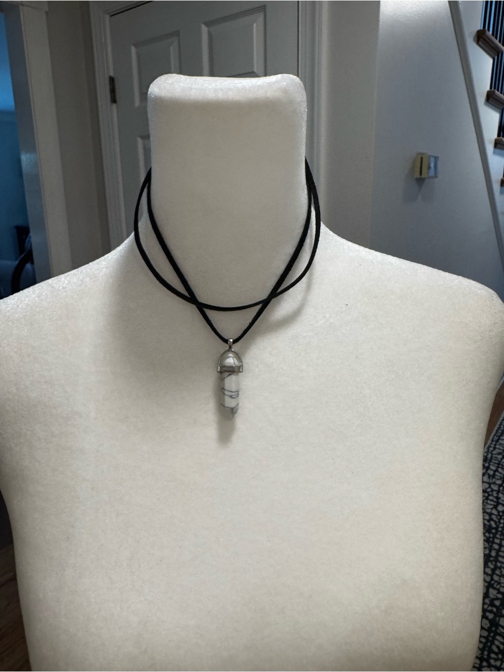 Black Cord Necklace with White Howlite Point Pendant